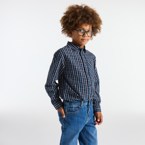 قميص بمربعات أزرق داكن للأولاد